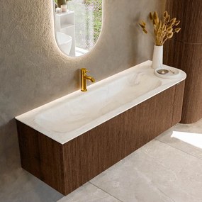 Mondiaz Kurve-dlux 145cm badmeubel ronding rechts walnut met 1 lade en deur en wastafel big large kraangat links ostra
