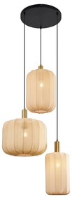 Stoffen Eettafel / Eetkamer Japandi hanglamp zwart en goud met beige kap 3-lichts - PluniJapandi E27 Scandinavisch rond Binnenverlichting Lamp