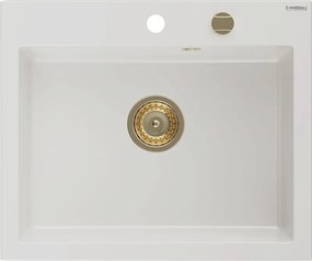 Mexen Elix granieten spoelbak 1-komorige 600 x 500 mm, wit, gouden sifon - 6525601005-20-G