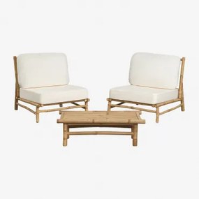 Tuinset Met 2 Fauteuils En Een Rechthoekige Bijzettafel 75x40 Cm Van Bamboe Isendra Stof Wit - Sklum