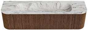 Mondiaz Kurve-dlux 170cm badmeubel ronding links/rechts walnut met 1 lade en 2 deuren en wastafel big large midden 2 kraangaten glace