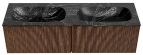 Mondiaz Kurve-dlux 150cm badmeubel walnut met 2 lades en wastafel stor small dubbel 2 kraangaten lava