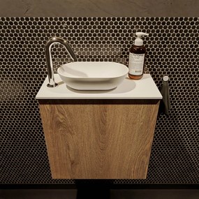 Mondiaz Fowy toiletmeubel 50cm washed oak met witte waskom links en kraangat