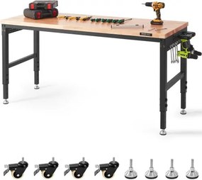 VEVOR Verstelbare Werkbank Tafelblad, Afmetingen: 1829 x 635 mm, Verstelbare Hoogte: 71,1–100,3 cm, Max. Belasting: 1361 kg, Tafel met Stopcontacten, Houten Blad voor Kantoor, Thuis, Garage