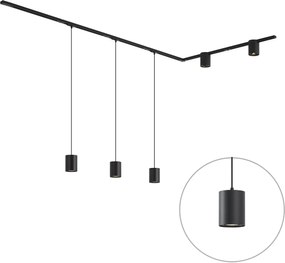 Modern railsysteem black met 3 hanglampen en 2 spots 1-fase - Iconic Holt Rondoo Up