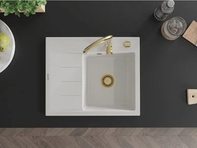 Mexen Ben granitische spoelbak met 1 bak en afdruiprek, rechts 600 x 500 mm, wit, gouden sifon - 6523605000-20-G