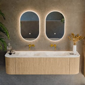 Mondiaz Kurve-dlux 170cm badmeubel ronding links/rechts oak met 1 lade en 2 deuren en wastafel leaf dubbel zonder kraangat frappe