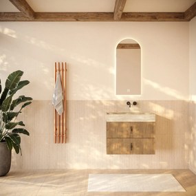 Muebles Murcia badmeubel ribbelfront 80cm eiken met White Travertin wastafel zonder kraangat