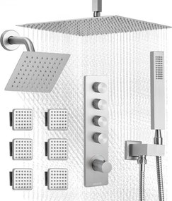 VEVOR Douchesysteemset met 16 inch regendouchesysteem / 6 inch wandmontagekop / handdouche / 6 body spray, dubbele regenkop, messing klepafwerkingsset, geborsteld nikkel
