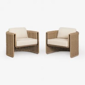 Set Van 2 Stoelen Van Staal En Synthetisch Riet Lina Stof Gardenia Wit - Sklum