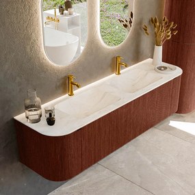 Mondiaz Kurve-dlux 170cm badmeubel ronding links/rechts ruby met 1 lade en 2 deuren en wastafel leaf dubbel 2 kraangaten ostra