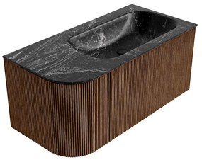 Mondiaz Kurve-dlux 95cm badmeubel ronding links walnut met 1 lade en deur en wastafel big small rechts zonder kraangat lava