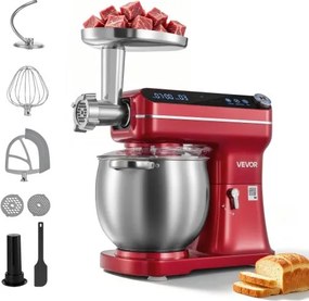 VEVOR Multifunctionele keukenmachine met kantelbare kop 7 liter 2-in-1 1000 W rood, mixer voor deeg, room, beslag en vlees, kneedmachine met mengkom, deeghaak, klopper en garde