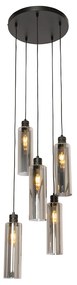Moderne hanglamp zwart met smoke glas 5-lichts - Stavelot