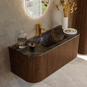 Mondiaz Kurve-dlux 110cm badmeubel ronding links/rechts walnut met 1 lade en 2 deuren en wastafel cloud midden 1 kraangat lava