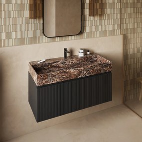 Fontana Dark Emperador badmeubel 100cm mat zwart met ribbelfront met kraangat