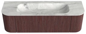 Mondiaz Kurve-dlux 150cm badmeubel ronding links/rechts ruby met 1 lade en 2 deuren en wastafel big medium midden zonder kraangat opalo