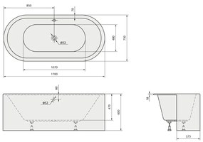Polysan Viva Monolith half vrijstaand inbouwbad 170x75x60cm wit