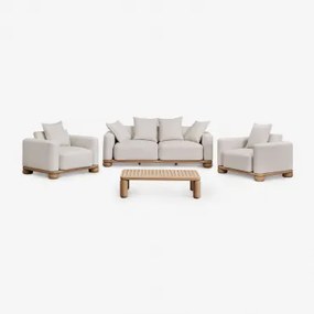 Woonkamerset Met 2-zitsbank, 2 Fauteuils En Salontafel In Acaciahout 125x80 Cm Ioanis Lichte Acaciekleur - Sklum