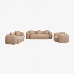 Woonkamerset Met 3-zits Modulaire Bank, 2-zitsbank En Fauteuil In Coco Chenille Dikke Chenille Stof Latte Bruin - Sklum