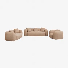 Woonkamerset Met Modulaire 3-zitsbank, 2-zitsbank En Fauteuil In Chenille Coco Chenille Dik Lattebruin - Sklum