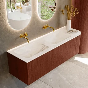 Mondiaz Kurve-dlux 145cm badmeubel ronding rechts ruby met 1 lade en deur en wastafel leaf dubbel/links zonder kraangat frappe