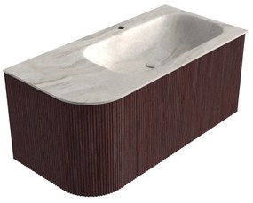 Mondiaz Kurve-dlux 95cm badmeubel ronding links ruby met 1 lade en deur en wastafel big small kraangat rechts ostra