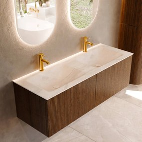 Mondiaz Kurve-dlux 130cm badmeubel dusk met 2 lades en wastafel leaf dubbel 2 kraangaten ostra