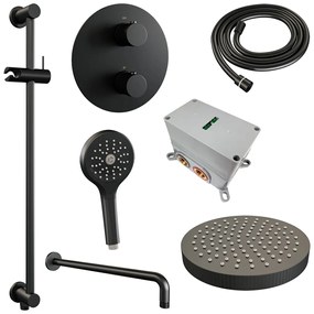 Brauer Stripe inbouw regendouche rond met 25cm hoofddouche, rond met gebogen muurarm, glijstang en 3 standen handdouche set 47 zwart mat