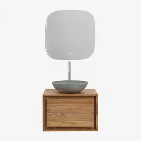 Jabari Teakhouten Badkamermeubelset Teakhout & Rond Grijs Cement Ø40 Cm Tarsis & Vierkant Led En Anticondens 75x75 Cm Tobie & Geborsteld - Sklum