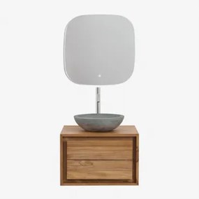 Jabari Zwevend Badkamermeubelset Van Teakhout Teakhout & Rond Grijs Cement Ø40 Cm Tarsis & Vierkant Led En Anticondens 75x75 Cm Riben & - Sklum