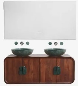 Dubbel Zwevend Badkamermeubelset 130x45 Cm Van Mangohout En Natuurlijke Kivalina-steen Rectangular Led And Antifog 140x75 Cm Riben & Groen Marmer Uit