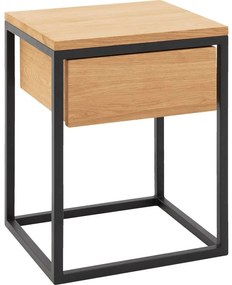 Goossens Nachtkastje Ord, Metaal ral 9005 zwart, met lade en bovenblad massief eik, 40 x 35 x 57 cm hoog