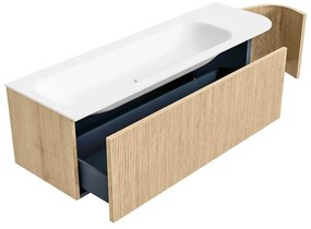 Mondiaz Kurve 145cm badmeubel ronding rechts oak met 1 lade en deur en wastafel big large kraangat links
