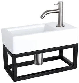 Differnz Ravo fonteinset - 38.5x18.5x25cm - Rechthoek - 1 kraangat - Gebogen matte chromen kraan - met zwart frame - Keramiek Wit 38.401.82