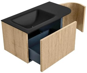 Mondiaz Kurve 85cm badmeubel ronding rechts oak met 1 lade en deur en wastafel cloud links zonder kraangat urban
