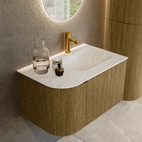 Mondiaz Kurve-dlux 75cm badmeubel ronding links dusk met 1 lade en deur en wastafel grunne kraangat rechts opalo