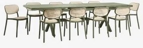 Set Van Uitschuifbare Rechthoekige Tafel 240-300x100 Cm In Aluminium Karena En 10 Stapelbare Tuinstoelen Van Polypropyleen Omara Groen – Intens Olijf