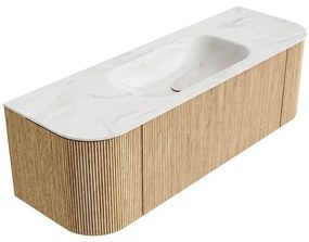 Mondiaz Kurve-dlux 140cm badmeubel ronding links/rechts oak met 1 lade en 2 deuren en wastafel big small midden zonder kraangat ostra