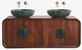 Dubbel Zwevend Badkamermeubelset 130x45 Cm Van Mangohout En Natuurlijke Kivalina-steen Groen Marmer Uit Udaipur - Donker Mangohout & 2 X Onde Groene -