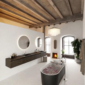 Mondiaz Bukla 280cm badmeubel met module 60 rechts Dark Brown met 4 lades wastafel Cloud dubbel 2 kraangaten Urban