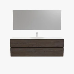Zaro Sevilla Solid Surface badmeubel 150cm donker eiken 1 kraangat spoelbak midden met 2 lades