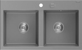 Mexen Hektor granieten gootsteen 2-kamer 800 x 480 mm, grijs, chrom sifon - 6521802000-71