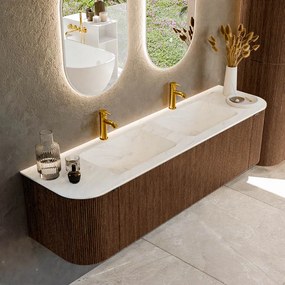 Mondiaz Kurve-dlux 170cm badmeubel ronding links/rechts walnut met 1 lade en 2 deuren en wastafel leaf dubbel 2 kraangaten opalo