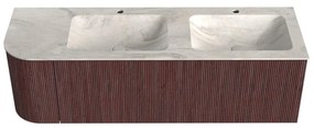Mondiaz Kurve-dlux 145cm badmeubel ronding links ruby met 1 lade en deur en wastafel leaf dubbel/rechts 2 kraangaten ostra