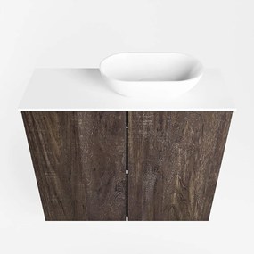 Mondiaz Fowy toiletmeubel 60cm dark brown met witte waskom rechts en kraangat