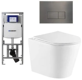 QeramiQ Dely Toiletset - 36.3x51.7cm - diepspoel - rimless - Geberit UP320 Burda inbouwreservoir - softclose toiletzitting - gunmetal bedieningsplaat - rechtehoekige knoppen - wit glans SW543431/0701131/SW706199