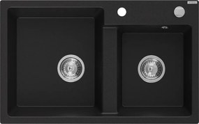 Mexen Tomas granieten gootsteen 2-kamers 800 x 500 mm, zwart, chroom sifon - 6516802000-77