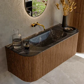Mondiaz Kurve-dlux 120cm badmeubel ronding links/rechts walnut met 1 lade en 2 deuren en wastafel big small midden zonder kraangat lava