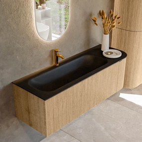 Mondiaz Kurve 135cm badmeubel ronding rechts oak met 1 lade en deur en wastafel big medium kraangat links urban